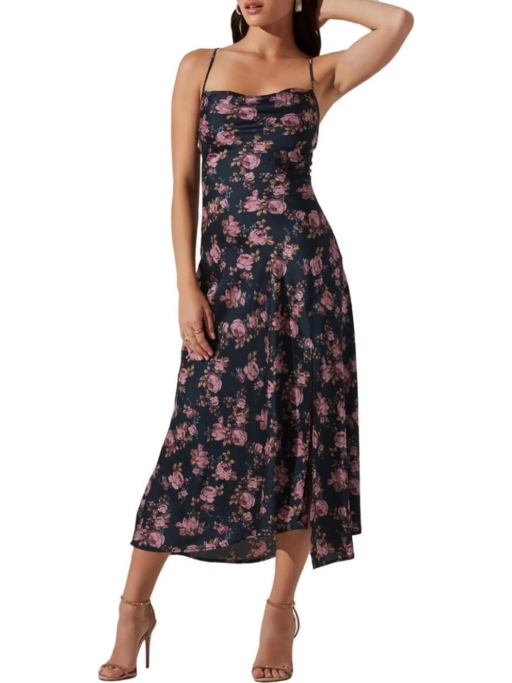 Floral Slip Midi Dress in Black with Pink Roses